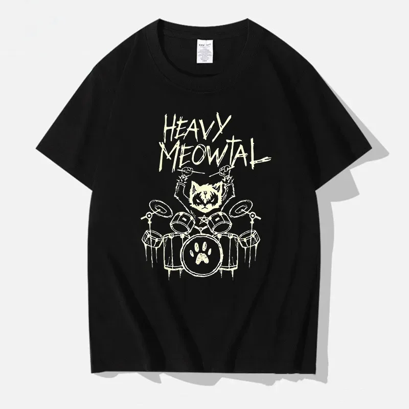 Männer T-Shirts Heavy Meowtal Cat Metal Musik Geschenkidee Lustiges Haustierbesitzer T-Shirt Neueste bedruckte Tops Shirt Baumwolle T-Shirts für Jungen Geek