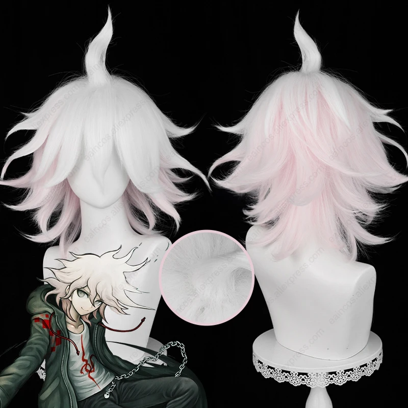 Nagito Komaeda Cosplay Wig, Anime Longo, Rosa, Perucas Gradiente Branco, Resistente ao Calor, Cabelo Sintético, 37cm