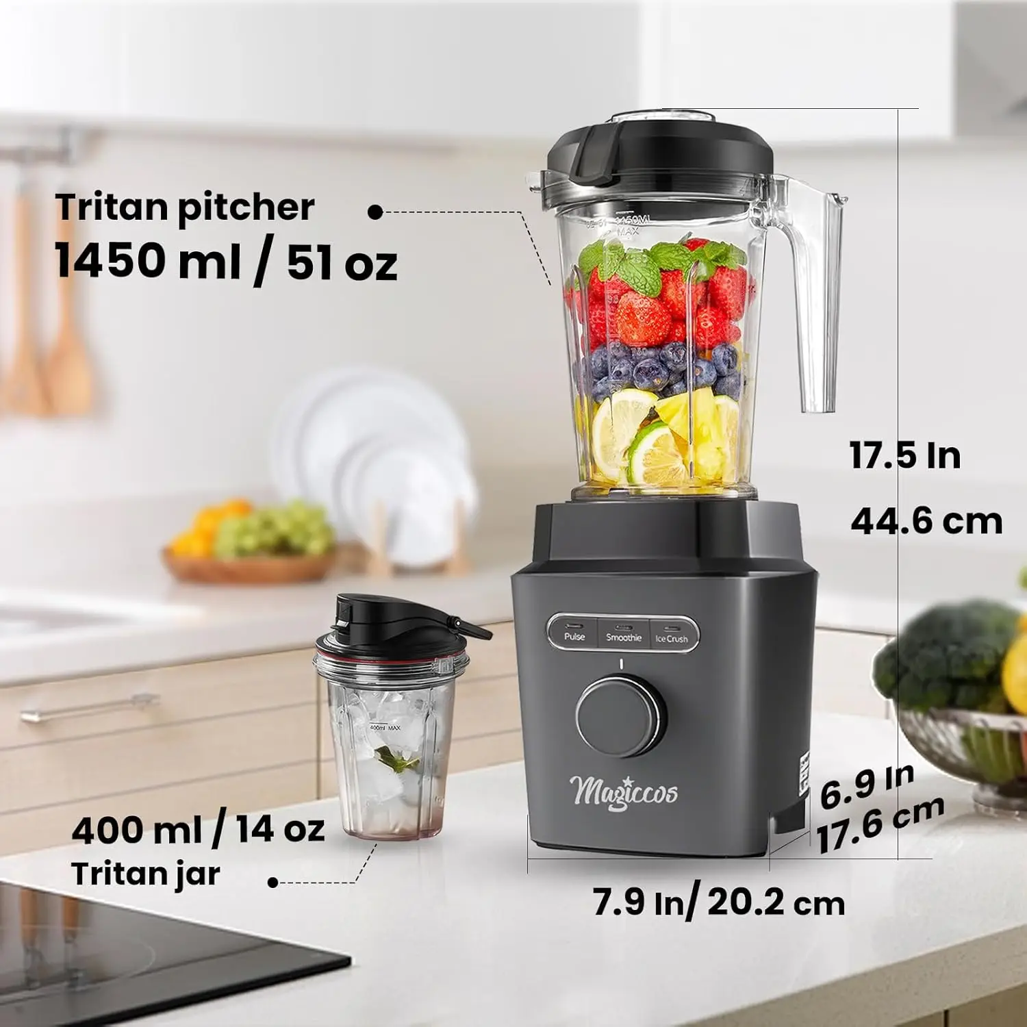 خلاط كونترتوب عالي السرعة - محرك 1000 وات 25000 دورة في الدقيقة، وعاء 51 أونصة وكوب سفر 14 أونصة، تحكم متغير السرعة، للمخفوقات والعصائر