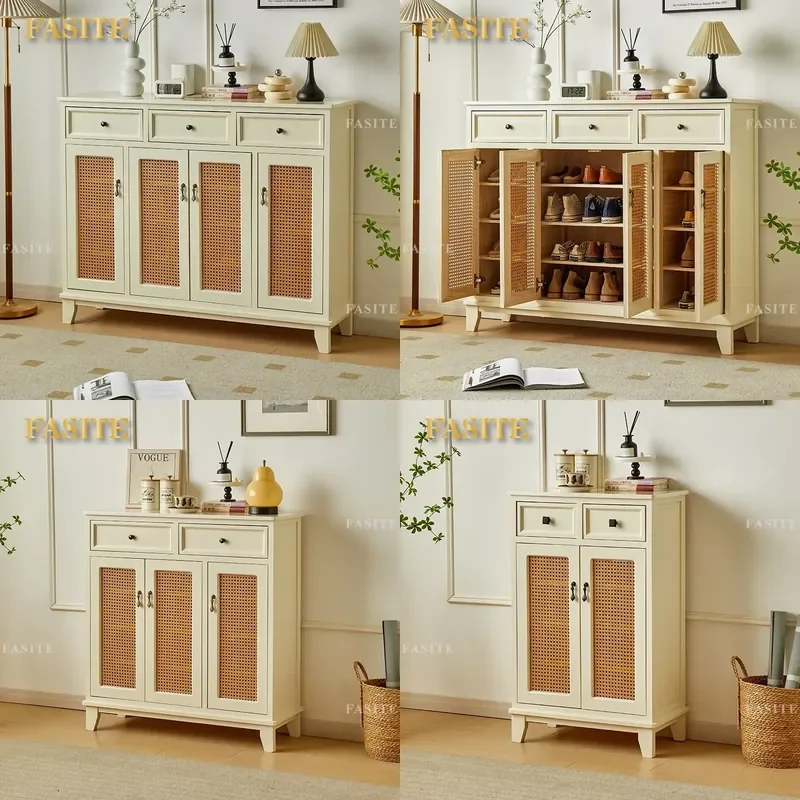 For American Solid Wood Rattan Shoe Cabinet Small Apartment Home Storage Rack Door Living Room Against Wall Space Saving