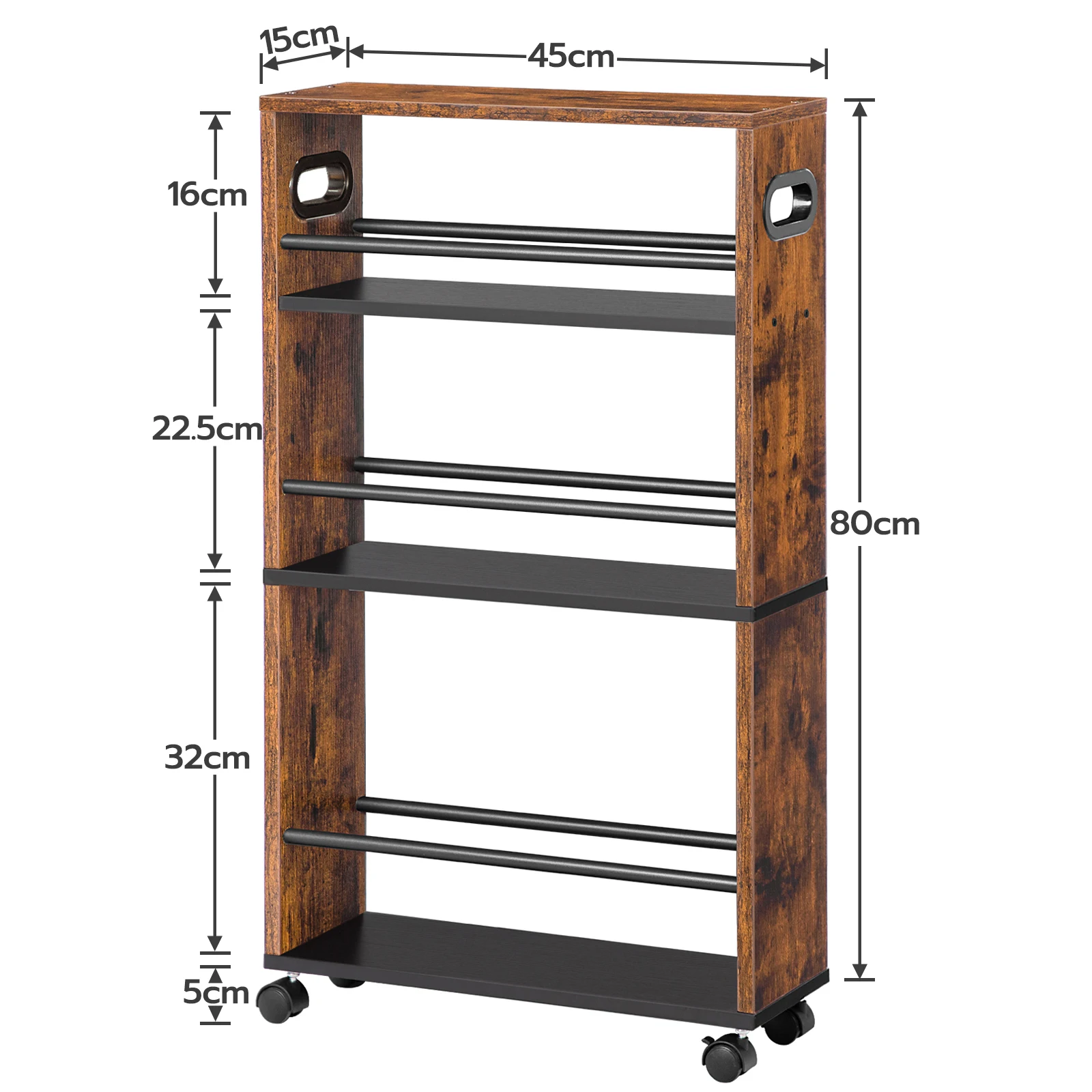 HOOBRO 3-Tier Slim Rolling Cart Narrow Serving Kitchen Trolley With Handle And Lockable Casters Railings For Kitchen Bathroom