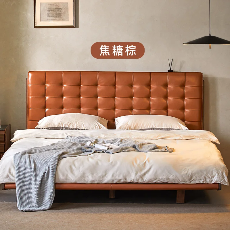 Retro solid wood soft bed master bedroom small apartment 1.5 meters Nordic black walnut leather art double bed 1.8