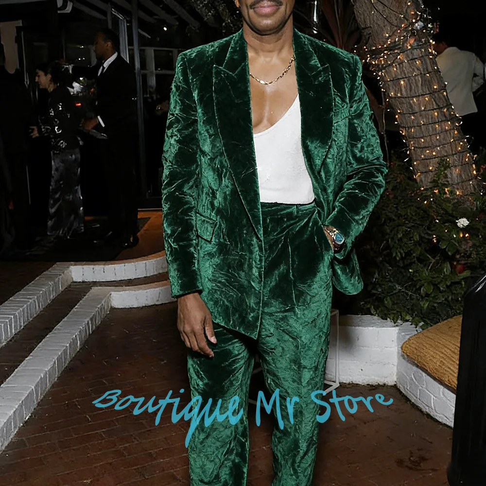 

Men's Emerald Green Rumpled Velvet Suit Two Piece (Jacket+Pants) Set Single-breasted Bold Evening Party Cocktail Event Outfit