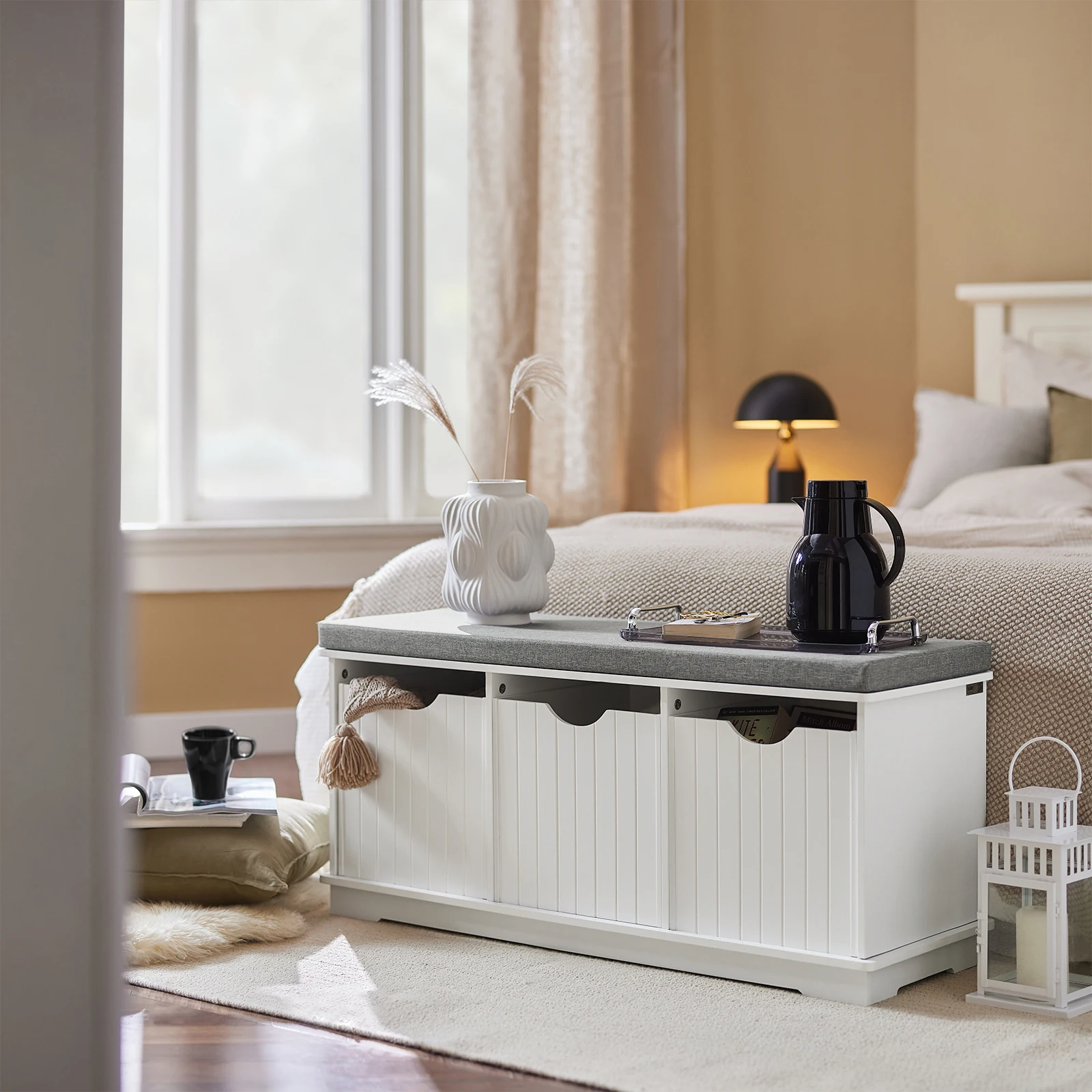 SoBuy FSR30-W scatola per giocattoli poggiatesta armadio panca cassettiera con 3 cestelli panca con sedile