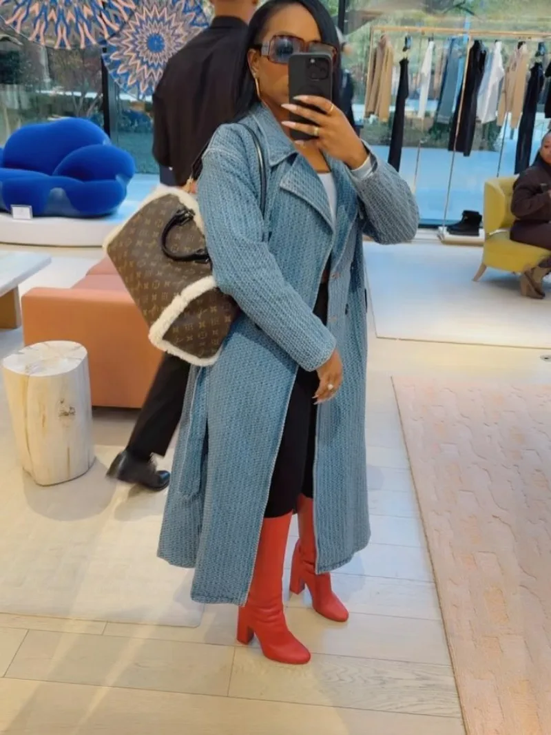 

Свободный повседневный джинсовый длинный плащ с поясом, женские модные джинсовые куртки с отложным воротником и длинными рукавами, двубортные карманы