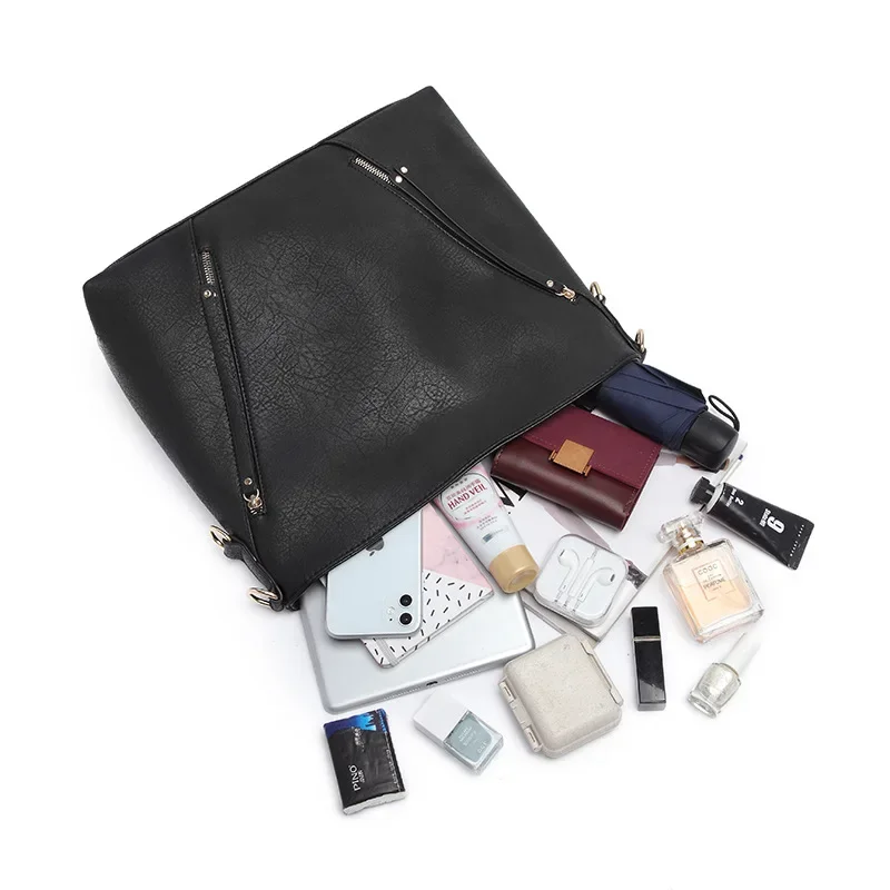 Ladies Leather Hobo Large Tote Bag Front Zipper Design Luxury Leisure Black Women's Handbags Purse Free Shipping Shoulder Bag