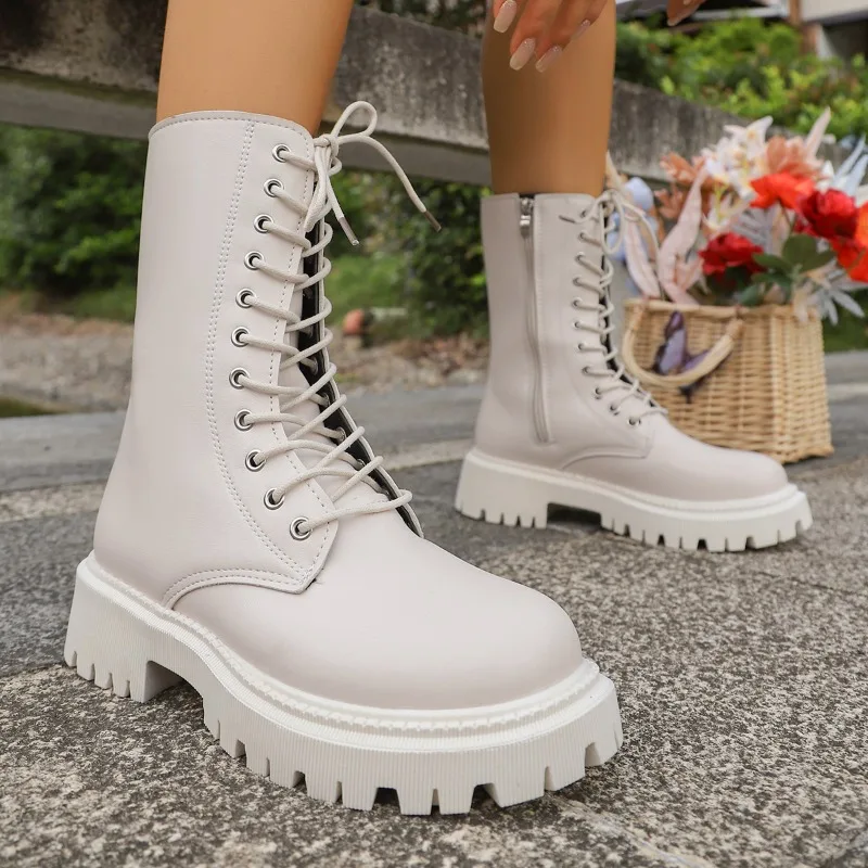 

Ladies Shoes 2025 Hot Sale Side Zipper Women's Boots Fashion Lace-up Modern Boots Women New Round Toe Best Seller Mid-Calf Boots