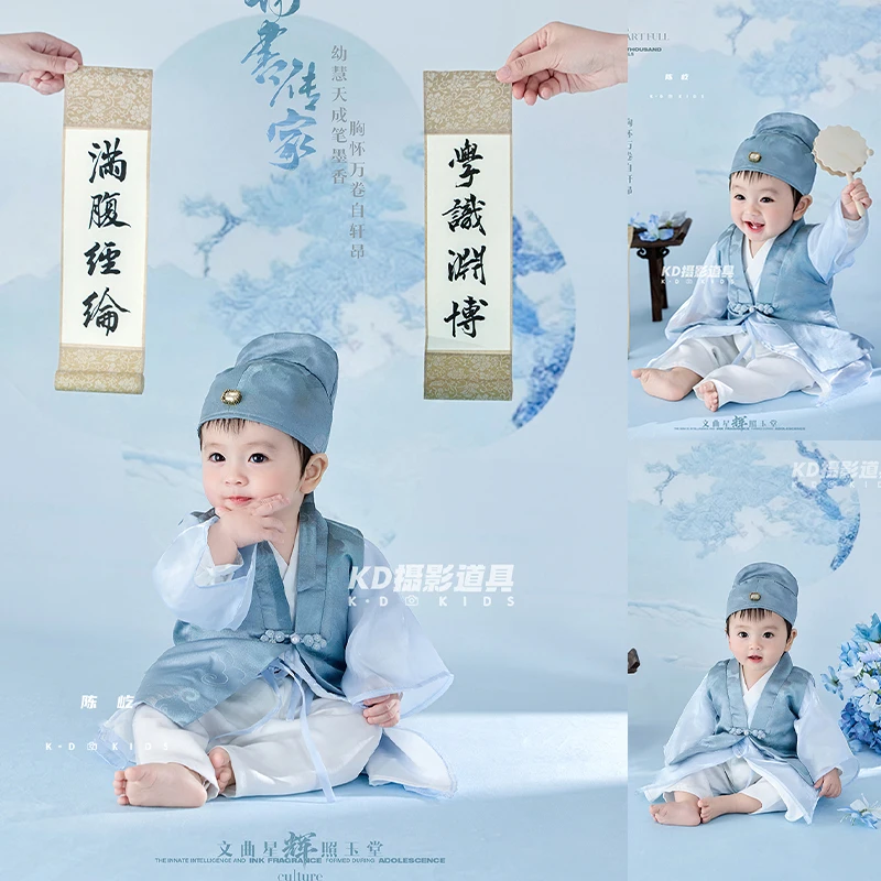 100 Days Baby Boy Ancient Chinese Costume Photography Outfit Blue Hanfu Style Outfit with Hat, Calligraphy Scroll Photo Props