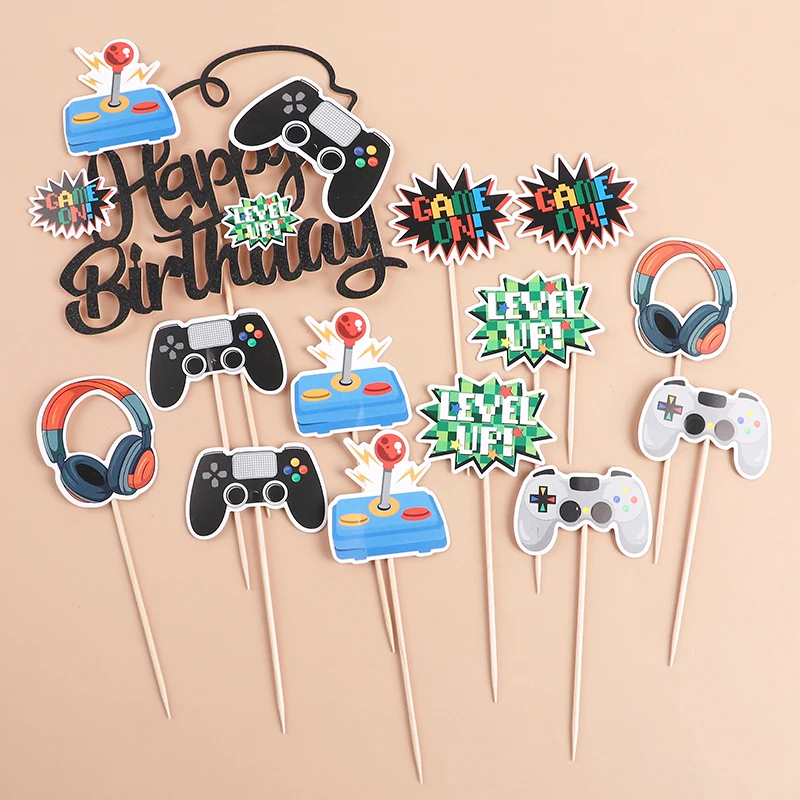 13Pcs Video Retro Game Cake Toppers Controller & Headset for Gaming Theme Happy Birthday Party cake Decorations