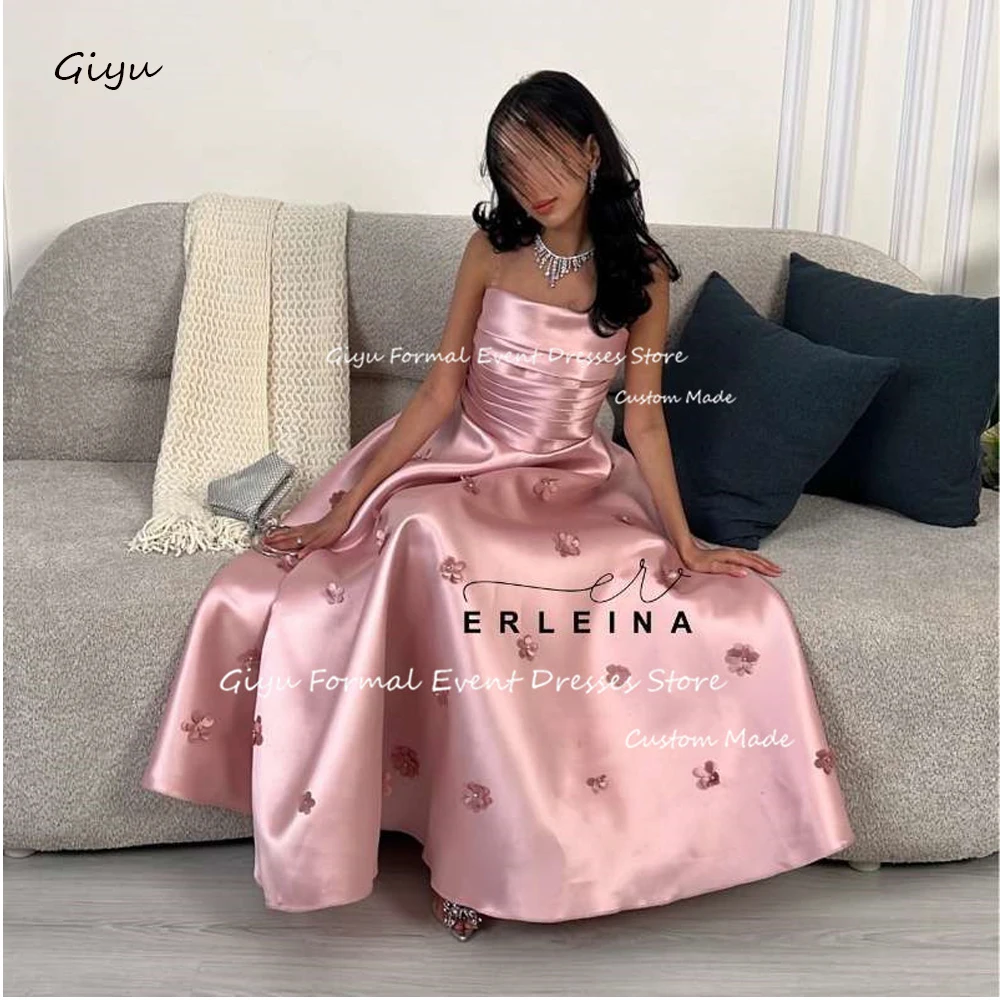 

Giyu Dusty Pink A line Evening Dresses Saudi Arabic Women Strapless 3D Flowers Satin Floor Length Formal Party Dress Prom Gowns
