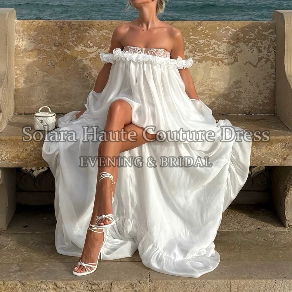 Solara Off Shoulder Chiffon A Line Evening Dress Strapless Lace Bust Ruffled Hem Flowy Maxi Gown Beach Wedding Dress Custom