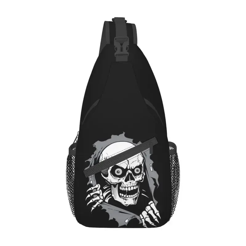 

Custom Torn Metal Skull Sling Bags Men Fashion Gothic Skeleton Shoulder Chest Crossbody Backpack Cycling Camping Daypack