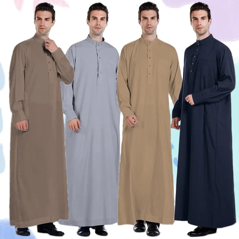 

2025 New Middle Eastern Men's Robe Solid Color Qatar Standing Collar Men's Robe Dress Costumes Accessories