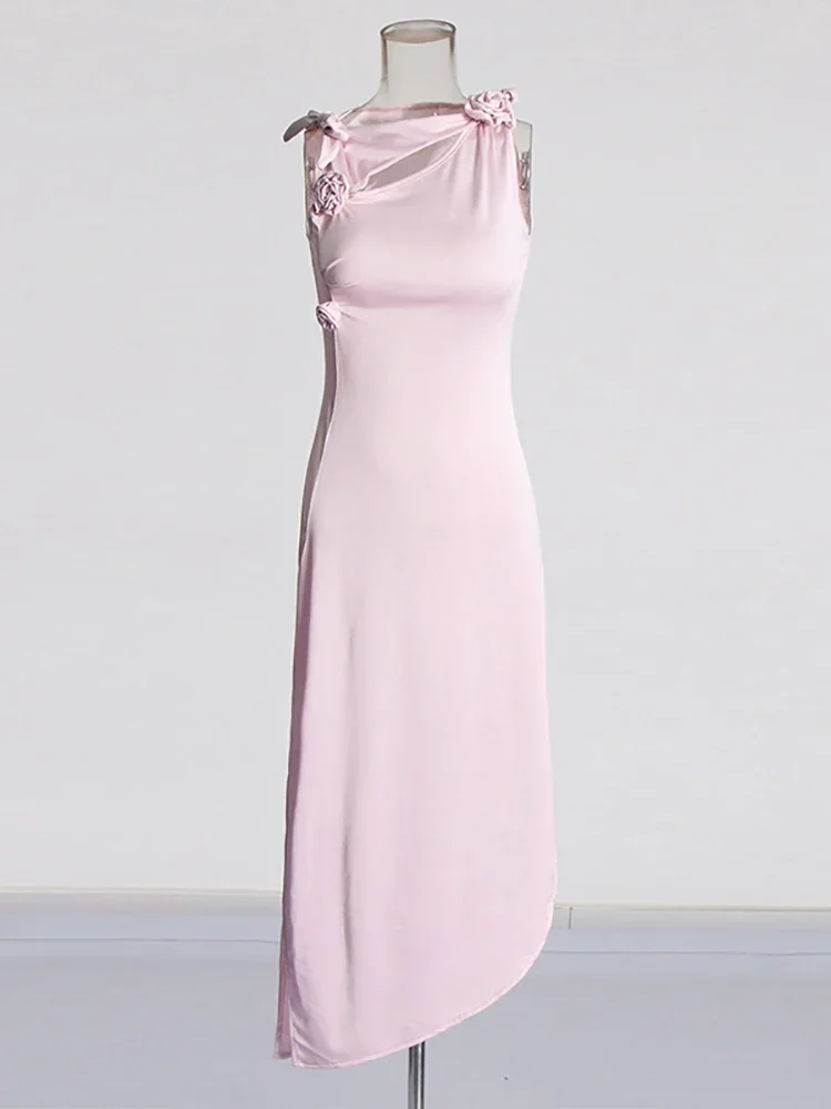 Seksowna sukienka z wyciętymi kwiatami, patchworkowa, długa sukienka damska, różowa, bez rękawów, asymetryczne wycięcia, wąskie sukienki, elegancka wieczorowa impreza koktajlowa