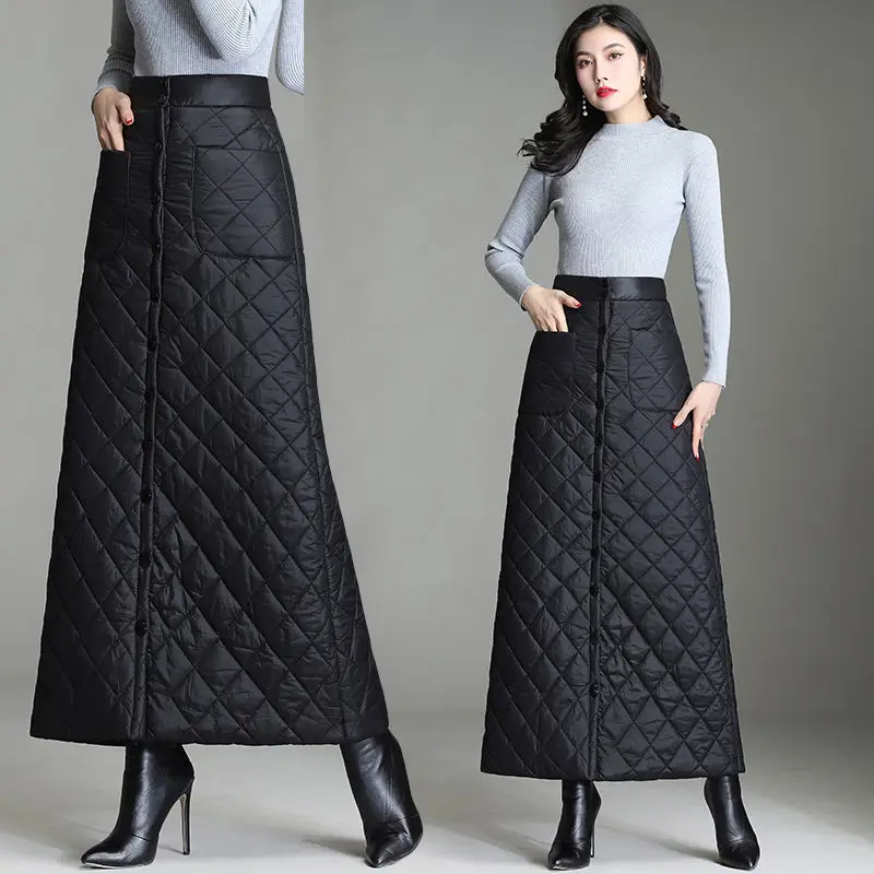 

New Women Winter Skirt Windproof Warm Down Cotton Skirt High Waist Quilted Cotton Padded Skirts Office Lady Elegant Skirt M124