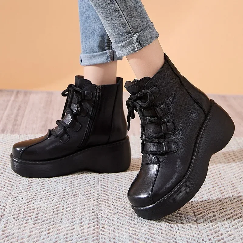 6CM 2024 New Handmade Retro Ankle Boots For Women Genuine Cow Leather Round Toe Side Zipper Wedges Heel Platform Short Boots