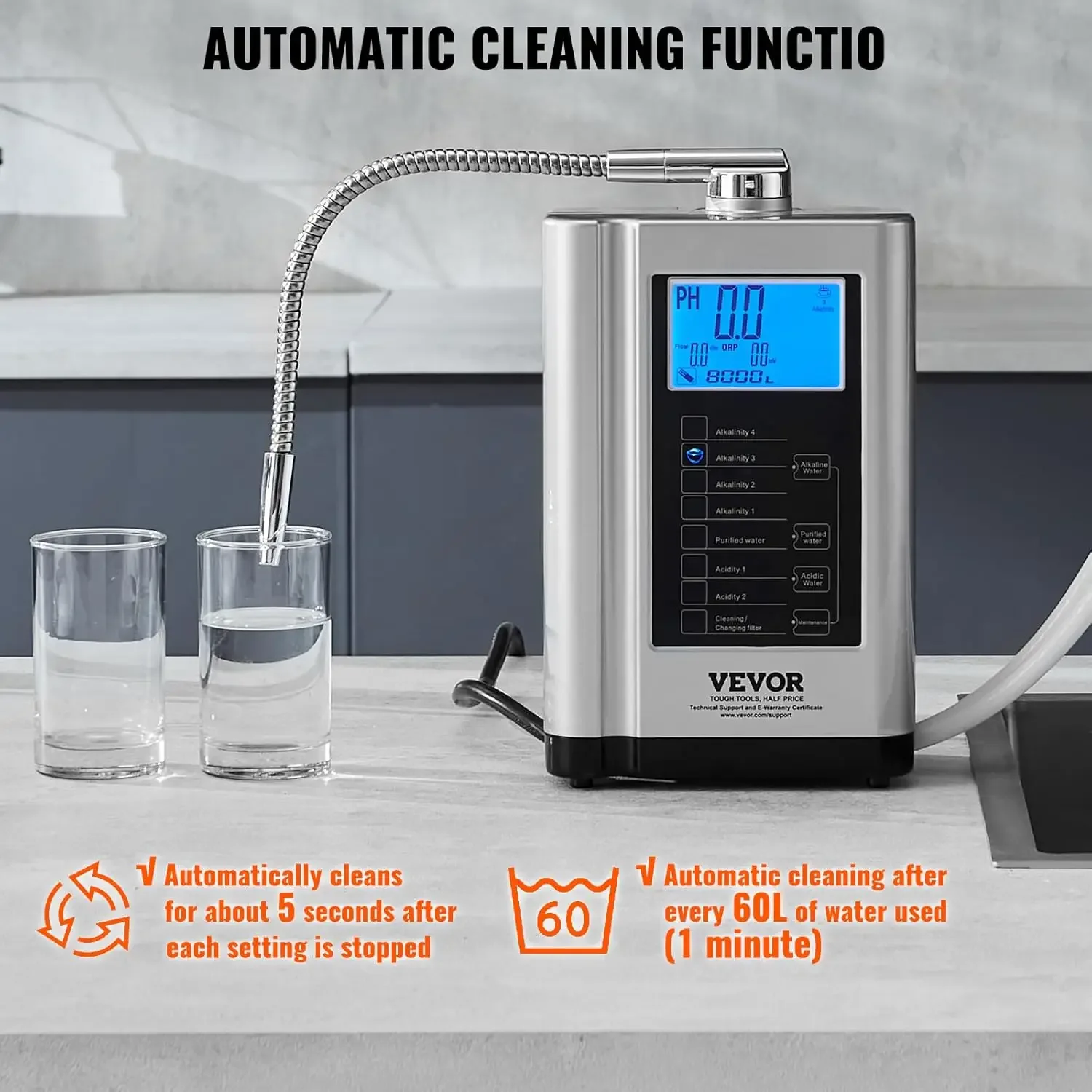 Water Ionizer, 7 Settings Alkaline Water Machine, 8000L Per Filter, pH3.5-10.5