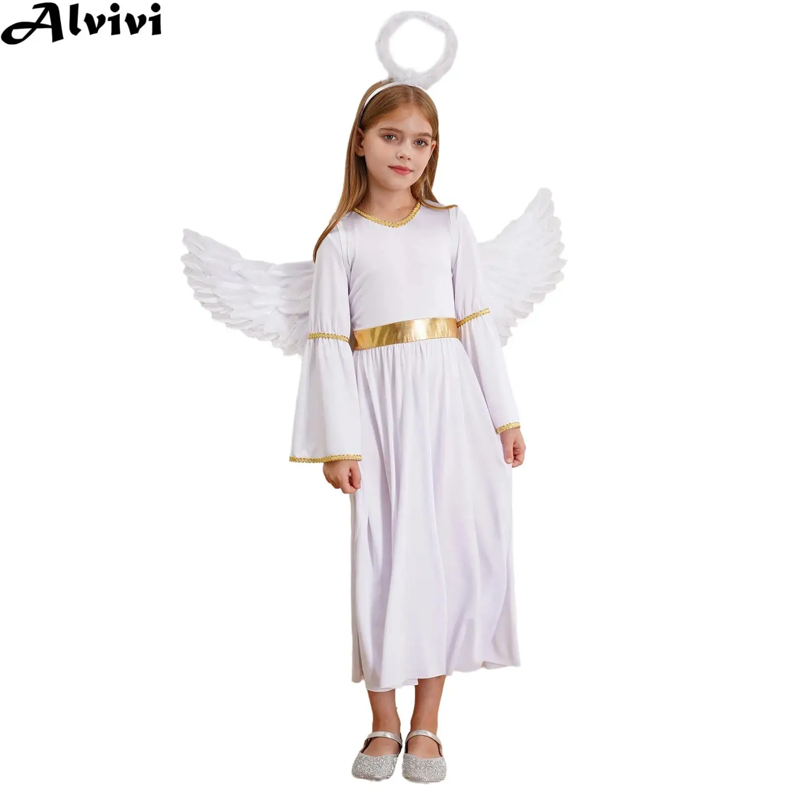 Kids Girls Long Sleeve Dress Halloween Theme Party Angel Cosplay Performance Costume Gown with Feather Hairband Angel Wings