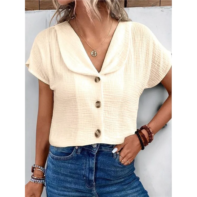 

【SEE】Summer Tops For Women 2025 Trendy Short Sleeve Cotton Linen Shirt Casual Button V Neck Tunic Blouses Outfits