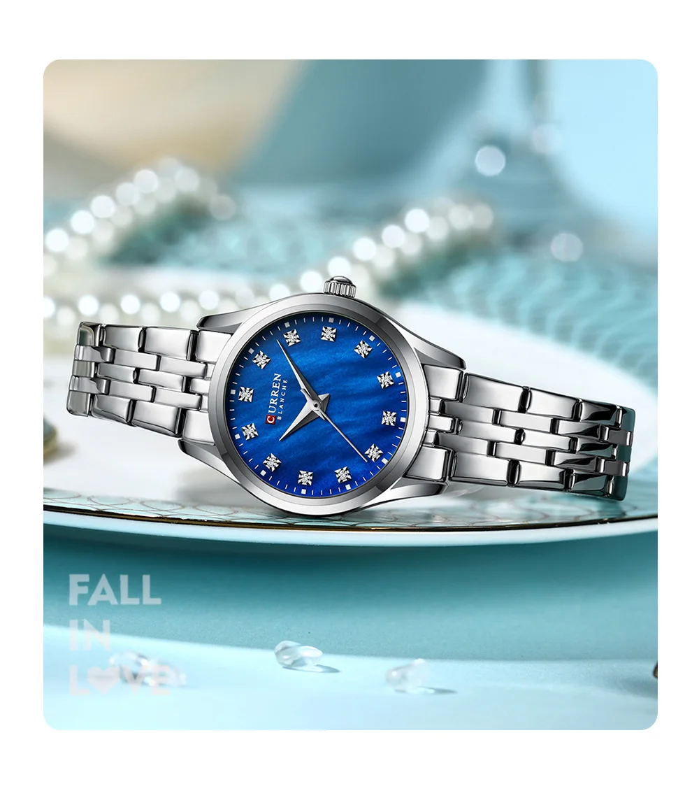 CURREN Damenuhr mit zweifarbigem Edelstahlarmband, 28-mm-Zifferblatt mit Strassmarkierungen, schimmerndes Muschelzifferblatt, elegante Idee – Detail 11