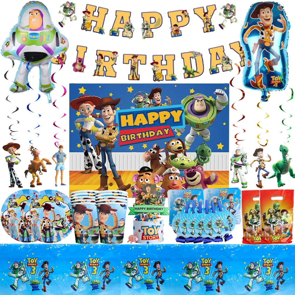 Kids Birthday Party Supplies Cartoon Buzz Lightyear Toy Story DIY Party Decoration Paper Tableware Plates Cups Tableware Balloon