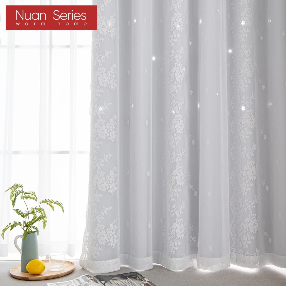 

1PC Nuan Series Double Layer White Lace Tulle Curtain Blackout Drapes for Bay Window Bedroom Kids Room