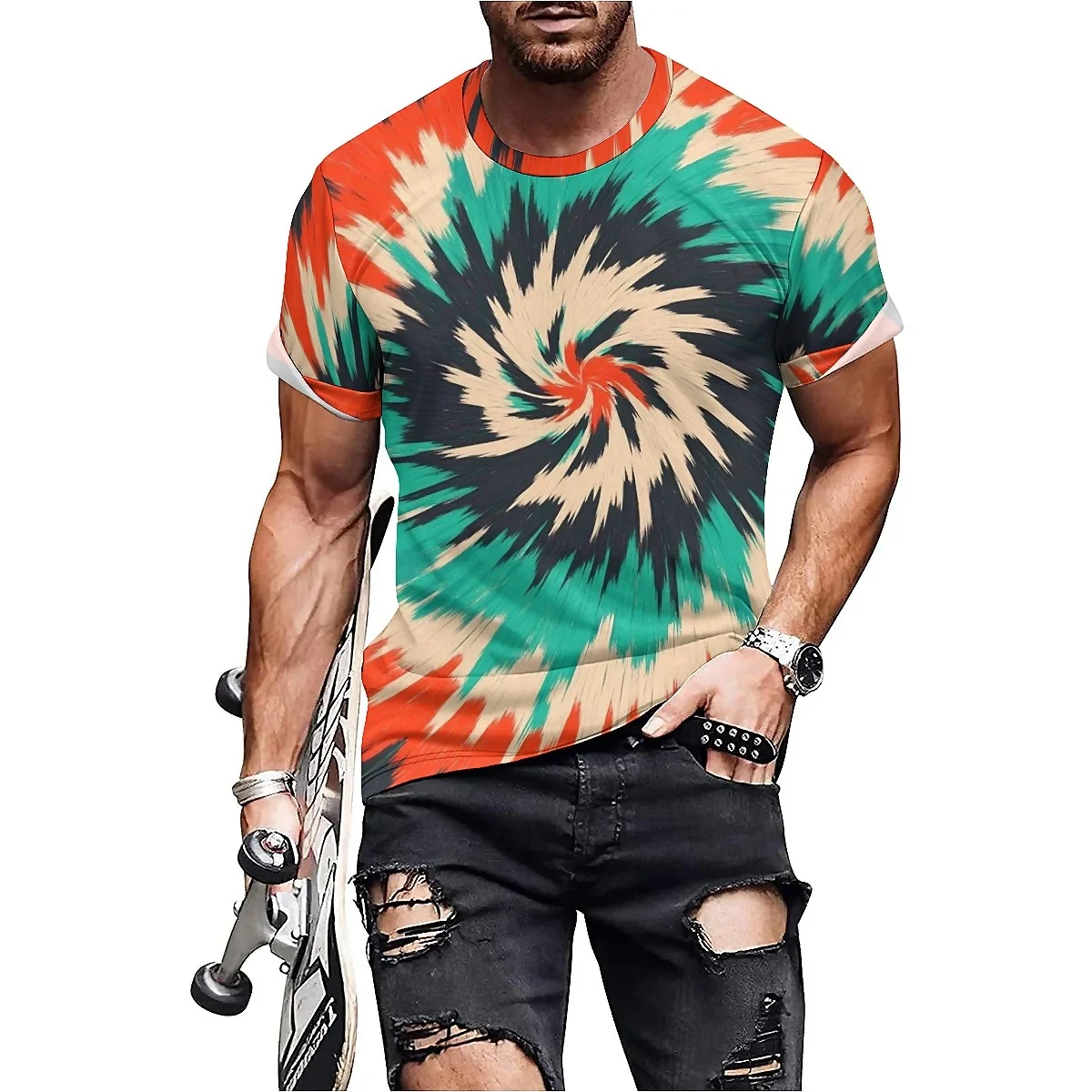 2025 Summer Men's 3D Printed Short Sleeve T-shirt, European and American Trendy Business Casual Daily Wear, Breathable and Comf