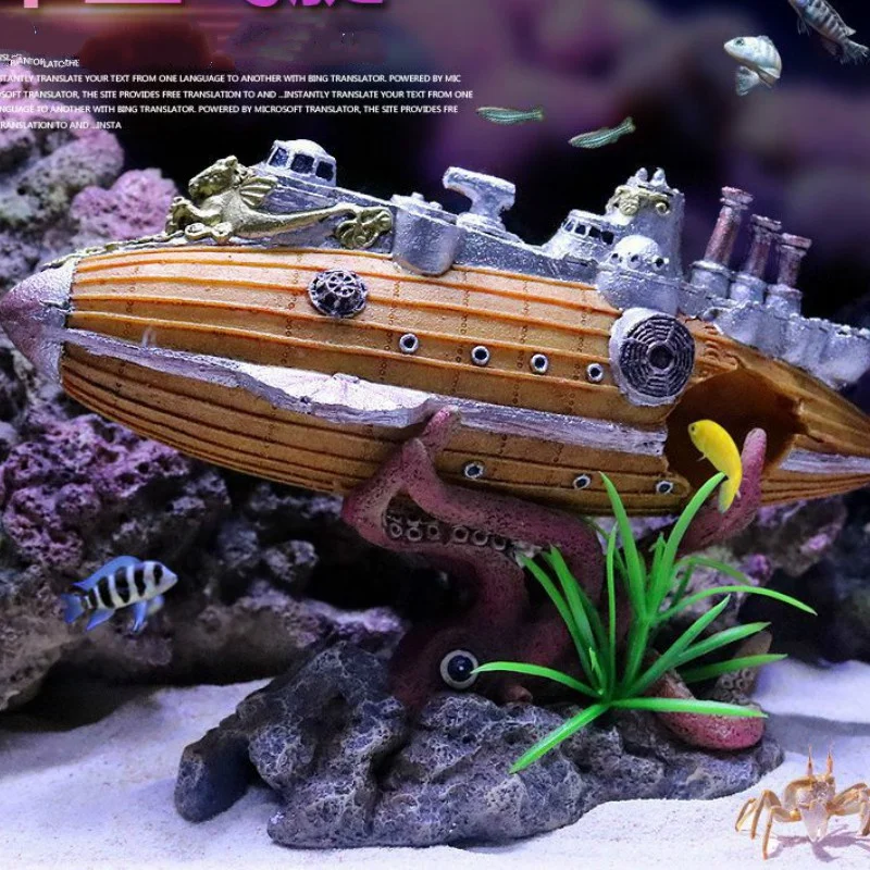 1PC Aquarium Landscaping Sunken Ship Octopus Airship Warship Rockery Decoration Submarine Shelter