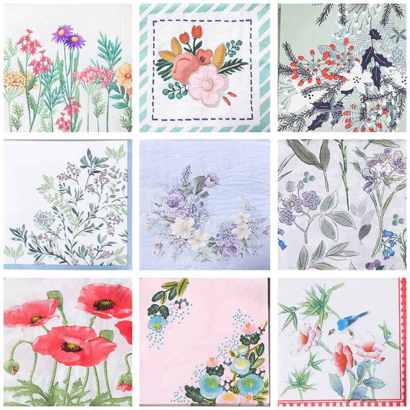 20Pcs/pack 33x33cm Plant Flower Printed Paper Tableware Disposable Napkin Tissues Home Wedding Party Decoration