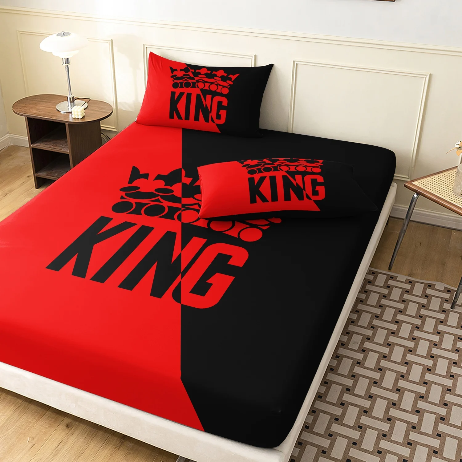 3 Pieces Red Black King Crown Print Fitted Sheet Set, King Letter Crown Printed Bedding, For Bedroom Home Decoration