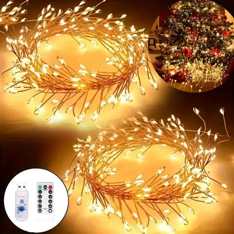 3.5/5M LED Christmas Garland Starry Cluster Light With Remote USB Power Firecracker Fairy Light Copper Wire Party String Lights