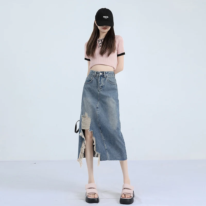 Korean Fashion New Distressed Ripped Denim Skirt Women Spring Summer Autumn Streetwear Harajuku Midi Jean Skirt Cheap Wholesale