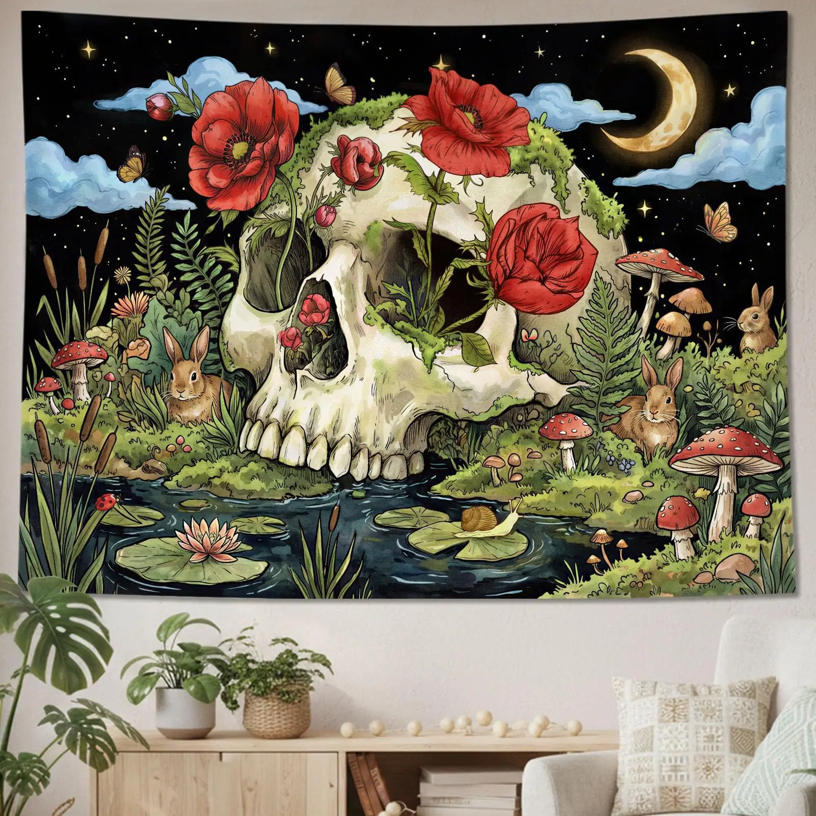 Gothic Skull Tapestry,Hippie Skeleton Mushroom Flower Wall Hanging Boho Tapestry Poster Backdrop for Living Game Room Dorm Decor