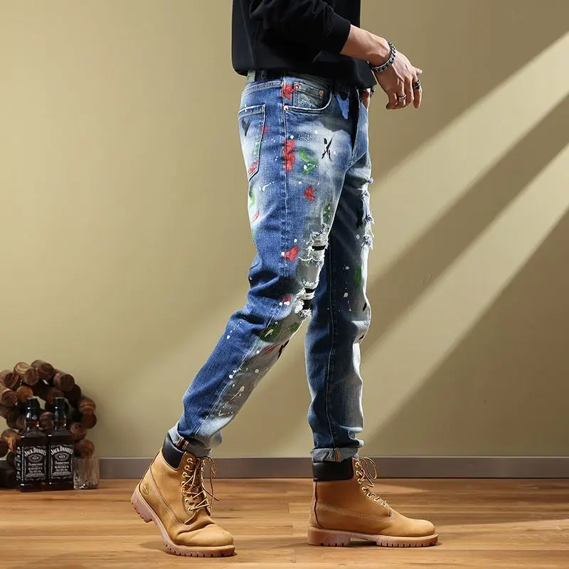 2022 New Vintage European and American Embroidery Printed Scratched Jeans Men's  Slim Fit Elastic Leggings  skinny jeans men