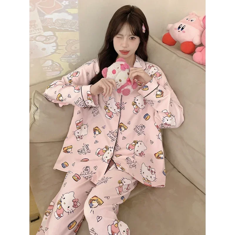 Sanrio Hello Kitty Autumn Ice Silk New Long Sleeve Trousers with Chest Pad Women\'s Pajamas Silk Pajamas Women\'s Loungewear Set