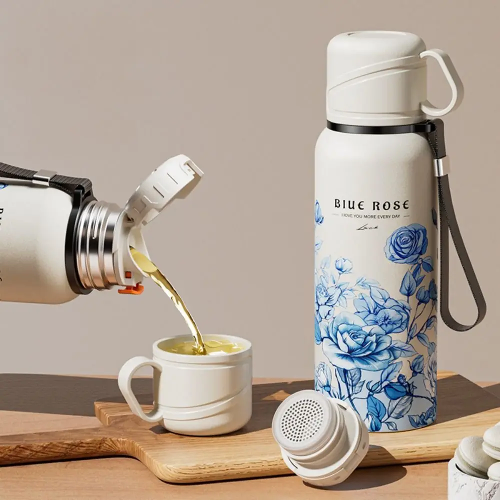 Botella termo con patrón de flores de 620ml con filtro, taza de viaje de acero inoxidable, taza térmica de doble pared de gran capacidad para viaje
