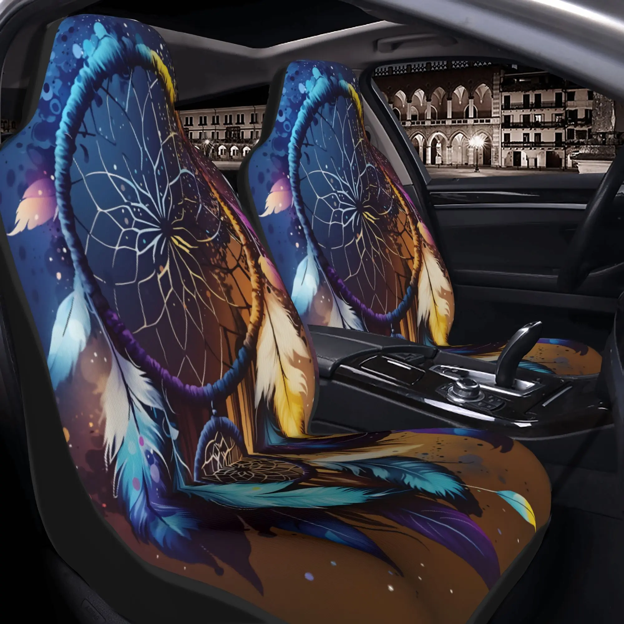2pcs Enchanting Dreamcatcher With Colorful Feathers And Abstract Splashes Artwork Car Seat Covers | Suitable For SUVs Such As Se
