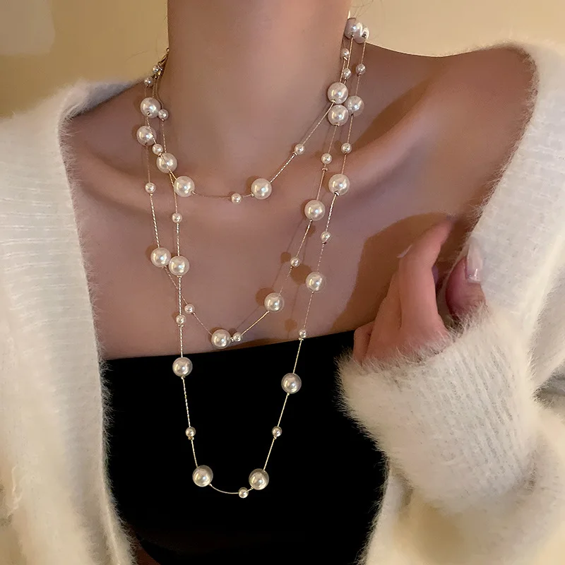 South Korea Temperament Niche Design Exquisite Gentle Long Pearl Necklace Sweater Chain Fashion Sweet Jewelry Accessories