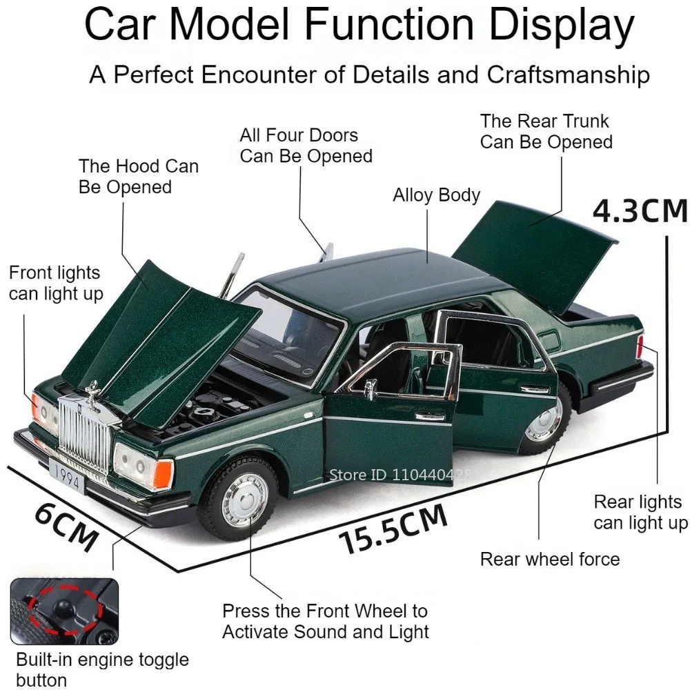 1:32 Rolls-Royce Silver Spur ‌   Fantasma I ‌   Coche Vintage de aleación, modelo fundido a presión, juguetes, luz de sonido, puertas extraíbles, decoración del hogar abierta