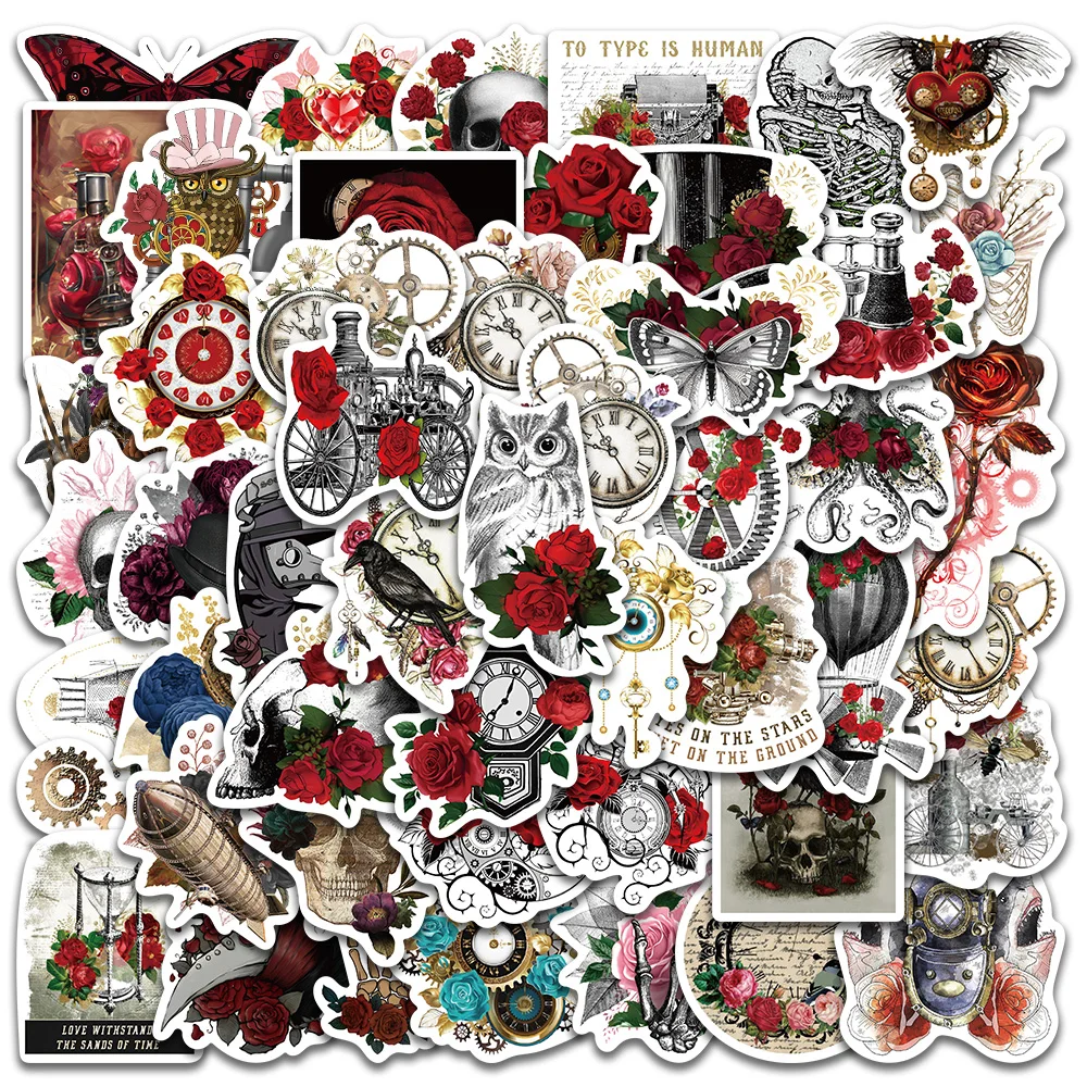 50pcs Steam Retro Punk Style Rose of Terror Stickers Funny Cool Decals for Luggage Guitar Skateboards Water Bottle Stickers