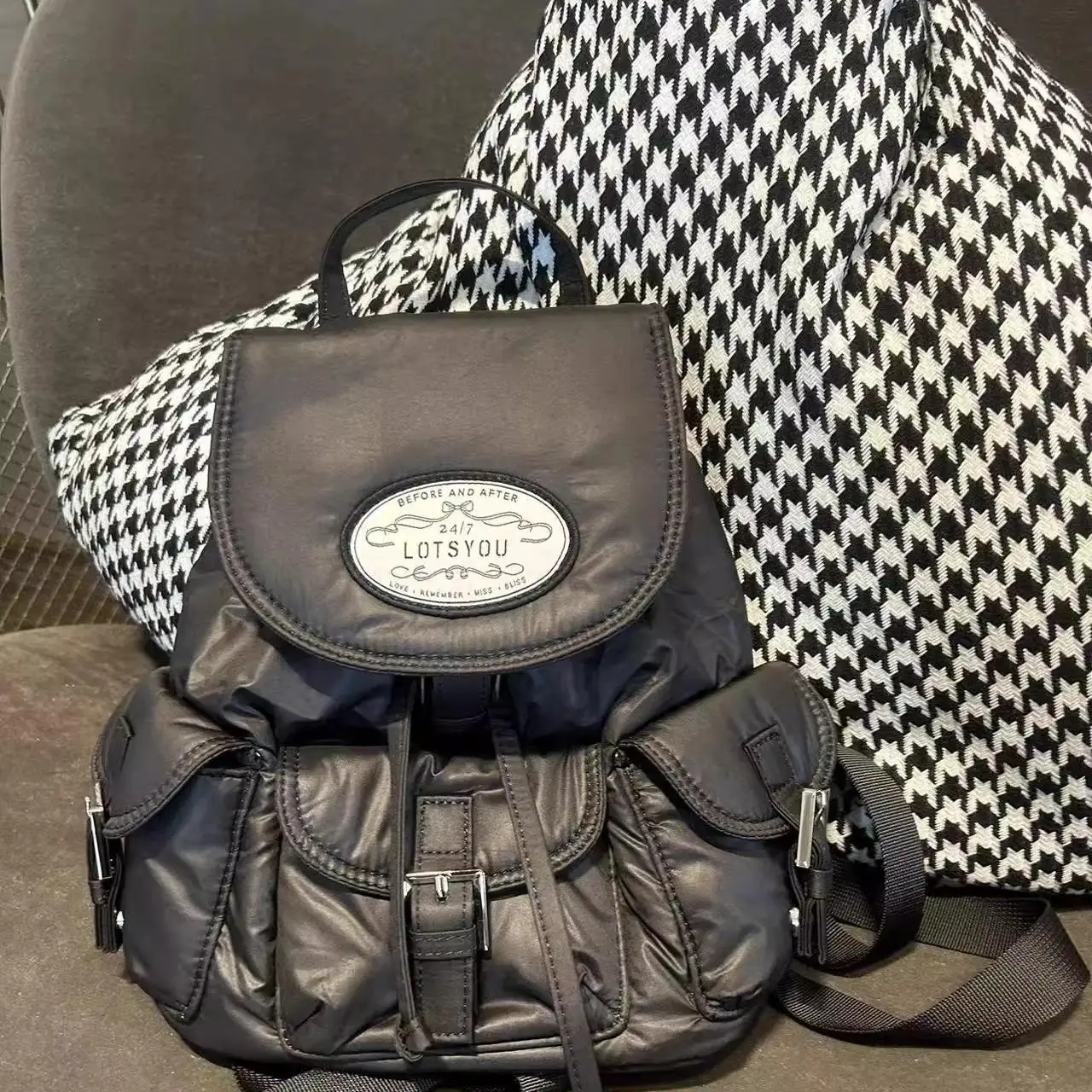 Casual Embroidered Dstring Bapa Multi-ket Student oulder Bag Youth Commuter Sle Zipper Closure ex