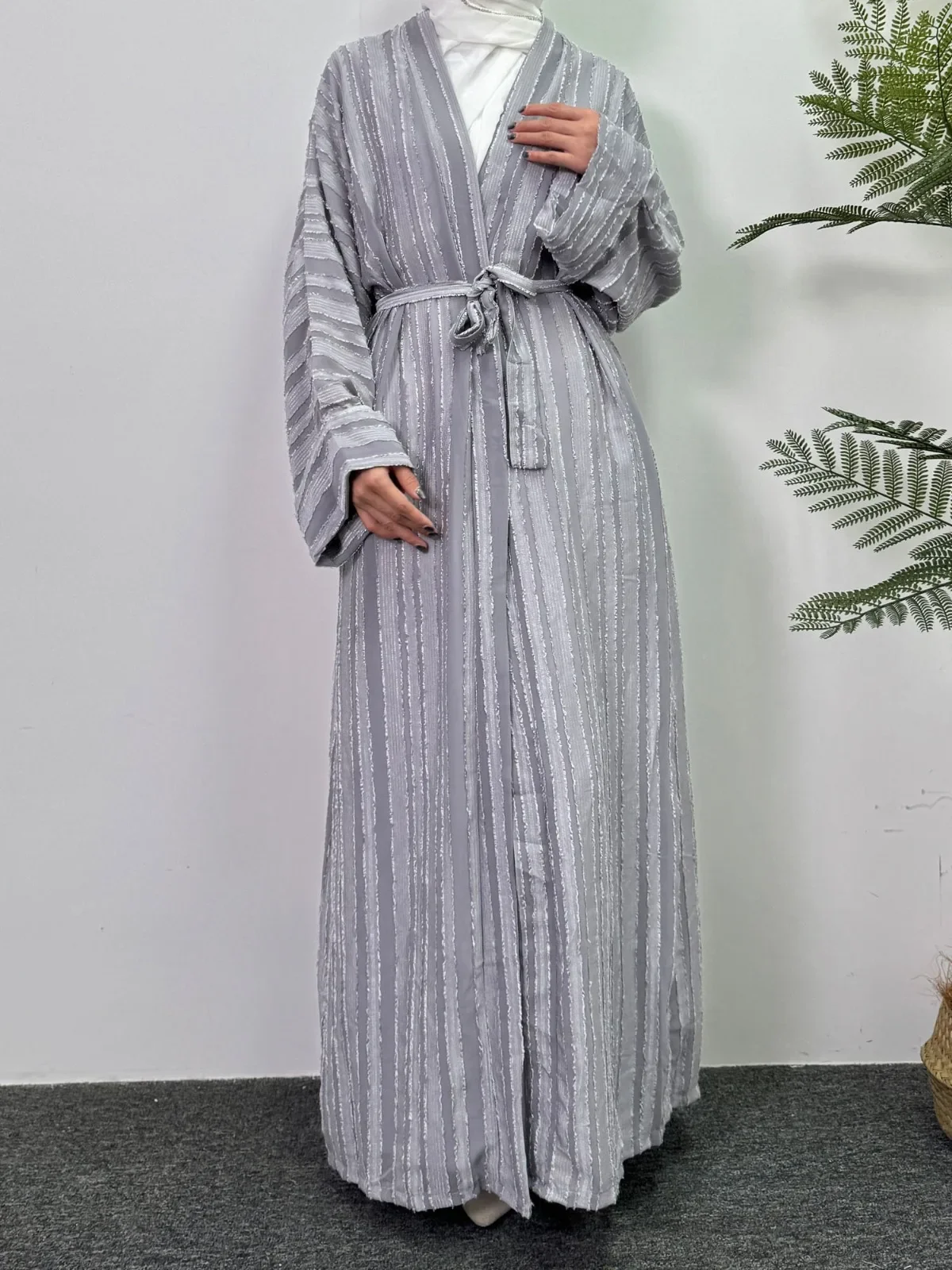 Muslim Open Front Abayas Long Sleeve Maxi Length Lace-up Ramadan Dresses Women Kaftan Jilbabs Outwear Cardigan Coats