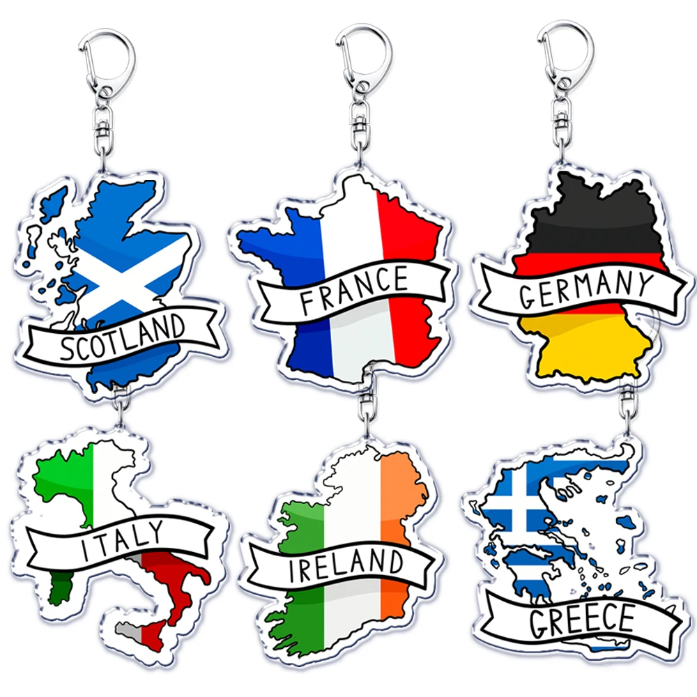 Llaveros acrílicos con nombre de mapas de países de Francia, Escocia, llavero para bolso, colgante, anillo, joyería, regalos para amigos