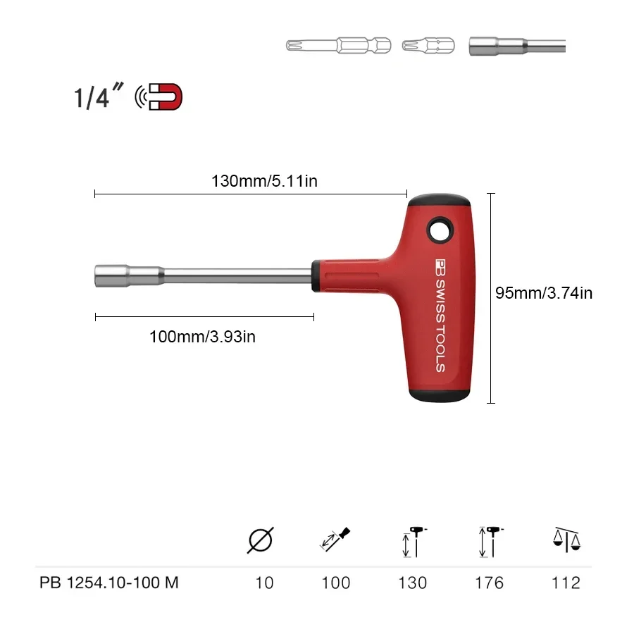 PB 125410-100M SWISS T-Shaped Screwdriver Handle Long Pole with Strong Magnetic for C6.3 and E6.3 1/4