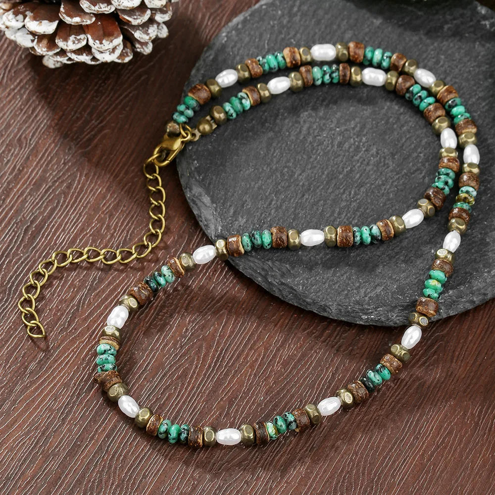 1PC Summer Man's Ethnic Artificial Pearl Necklace for Men Vintage Wooden Beads Artificial Africa Turquoise Beaded Necklace Men