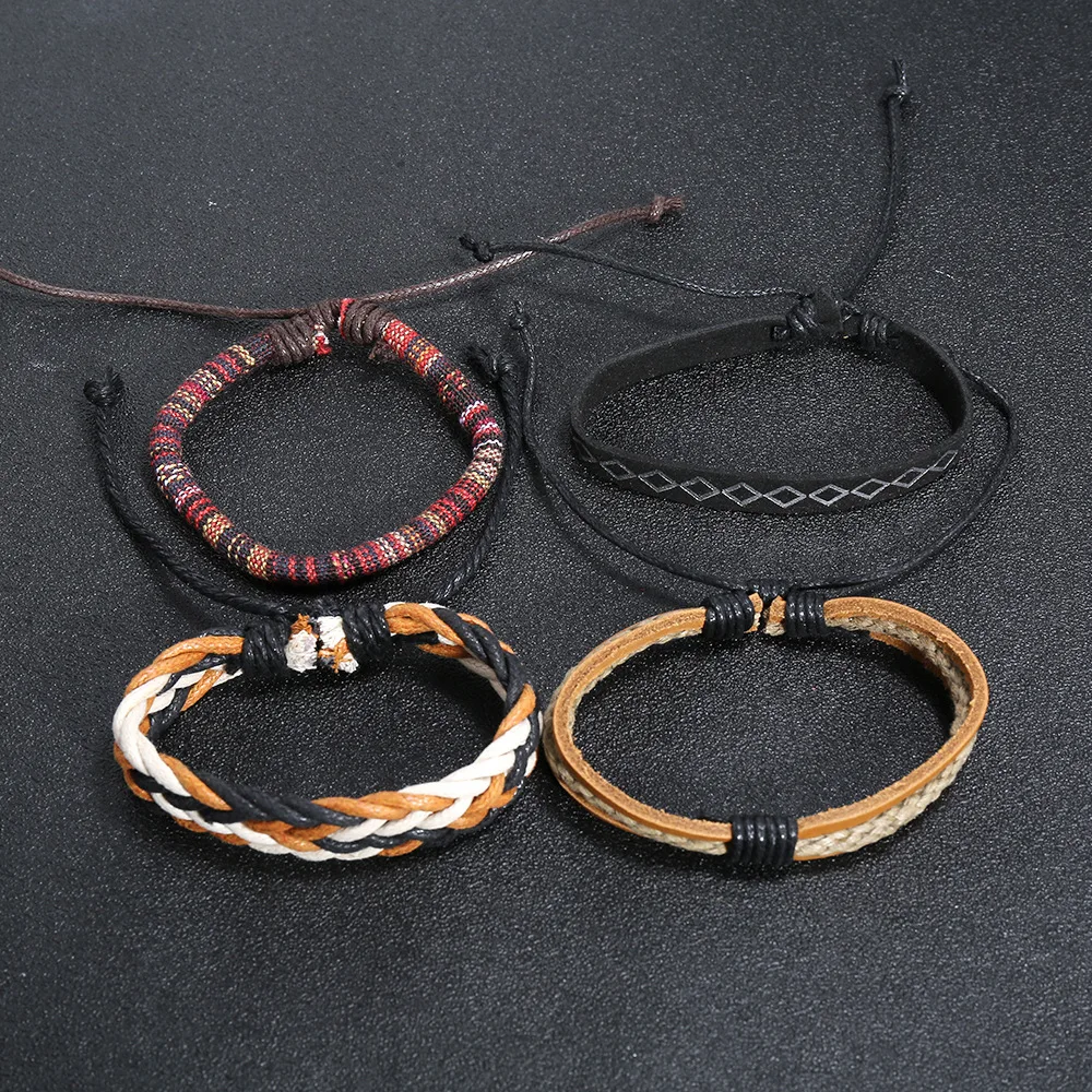 مجموعة أساور جلدية منسوجة يدويًا بأسلوب عتيق، أساور حبل بأسلوب بوهيمي، إكسسوار مجوهرات عصري شائع #3