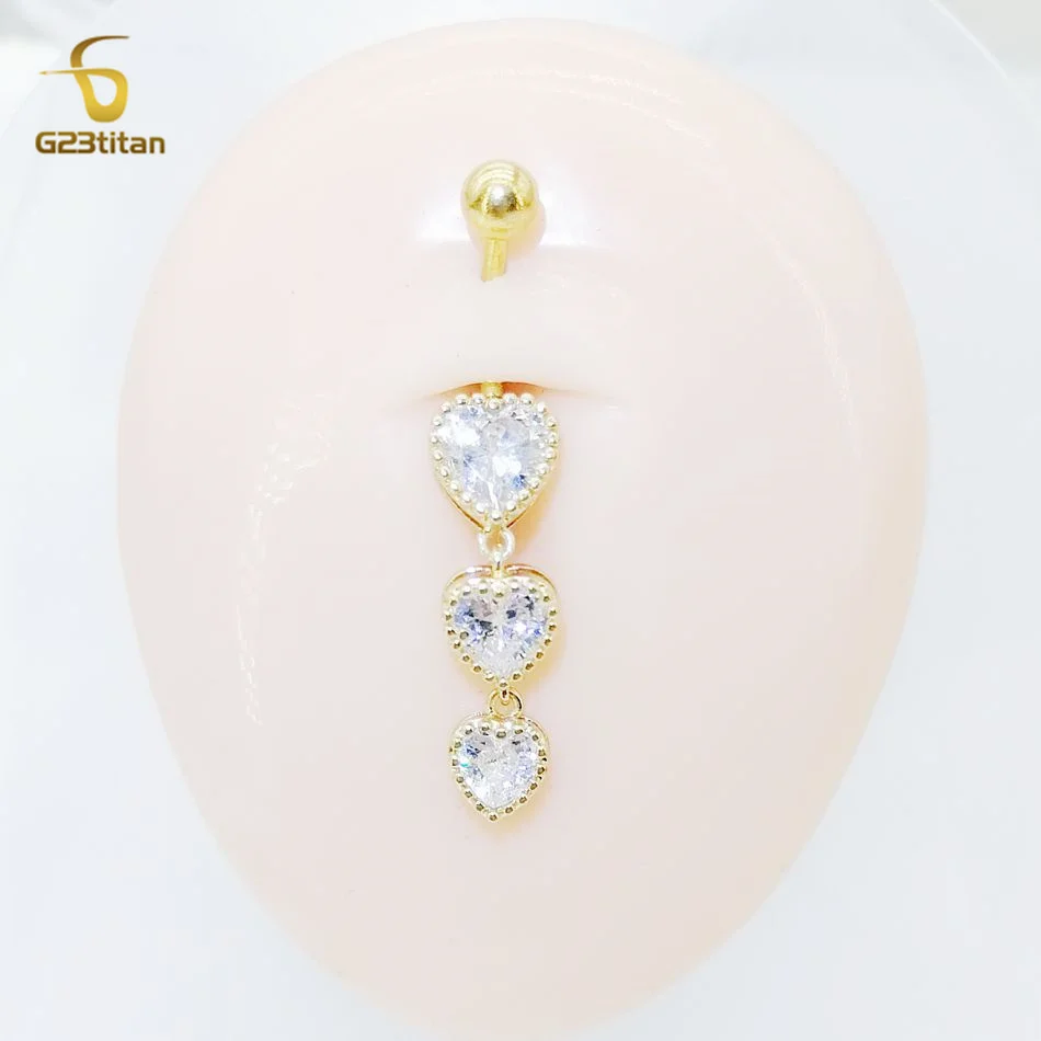 G23titan Zircon Heart Dangle Belly Button Rings 14G Allergy-free Titanium Steel Curved Barbell Women Sexy Navel Piercing Jewelry