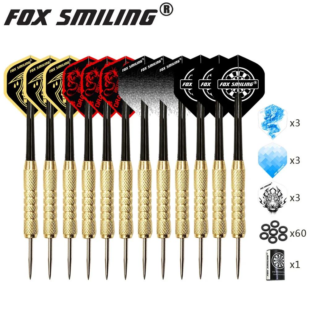 Fox Smiling 12PCS Dardos 18/22g Steel Tip Point Darts Professional With Aluminum Nylon Shaft With 9PCS Flights 1PCS sharpener