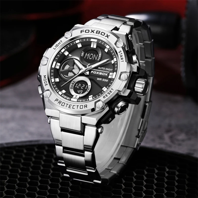 LIGE Business Mens Watch Digital Calendar Stainless Steel Men Watches Top Brand Luxury Waterproof Luminous Quartz Man Watch+Box