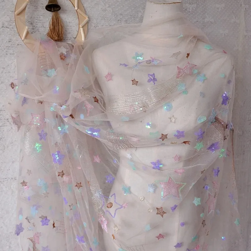 Tessuto di pizzo ricamato a stella a cinque punte con paillettes colorate per accessori per abiti da sposa gonna per bambole tessuto di design